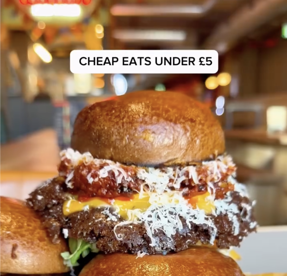 Stacked cheeseburger with chilli and grated cheese, Cheap Eats Under £5